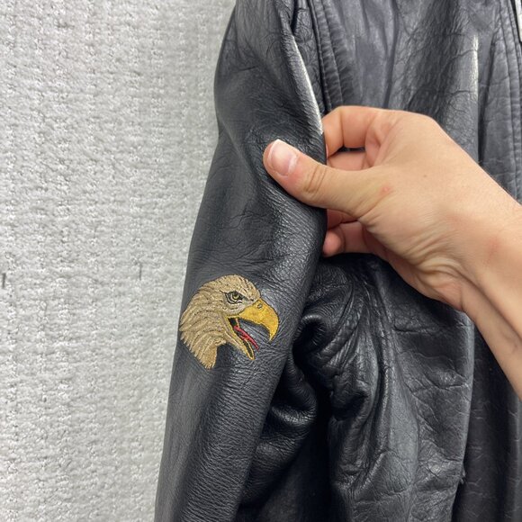 VTG Albert Montreal Leather Black Biker Jacket Coat Eagles American Flag USA REA - Picture 7 of 16